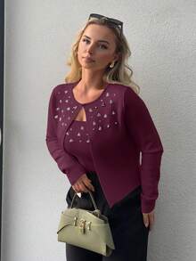 Jeta Ari 串珠水钻针织开衫 秋季、冬季、新年、派对、婚礼、优雅、别致、时尚、舒适、圣诞节 - 中紫紅色 - 查看 1
