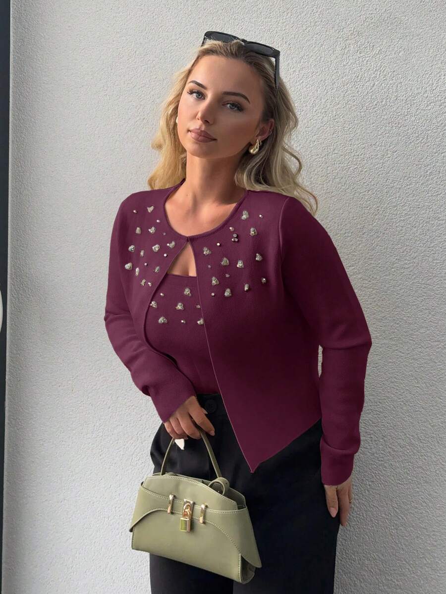 Jeta Ari 串珠水钻针织开衫 秋季、冬季、新年、派对、婚礼、优雅、别致、时尚、舒适、圣诞节 - 中紫紅色 - 查看 1