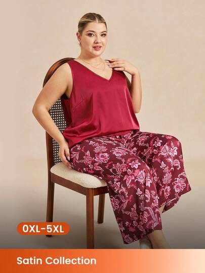 LUVLETTE 大码酒红色睡衣套装 - 舒适无袖缎面上衣和透气印花阔腿裤，四季皆宜的舒适睡衣