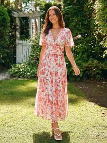 KARISMINA Women's Elegant V-Neck Floral Print Orange And White Maxi Dress,Summer Boho Garden Party Holiday Outfits,Cottagecore Wedding Guest Dress - Orange - View 6