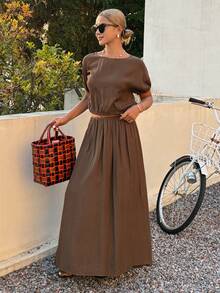 Livesso Brown Round Neck Short Sleeve Top And Casual Skirt 2 Pieces Set, Suitable For Summer Vacation Lounge Sets For Women - Coffee Brown - View 6