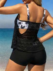 Swim Lushoire Women's Summer Beach Colorblock Palm Tree Print Tankini Top And Shorts Swimwear Set - Black and White - View 2