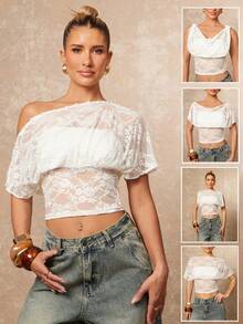 Lumalex 女士浪漫花卉蕾丝不对称短袖露脐时尚上衣，适合派对、秋冬时尚、优雅休闲、秋季时尚、周末、魅力四射、春秋季工作装、婚礼、节日、假期、生日、情人节、海滩度假等场合。 - 白色 - 查看 3