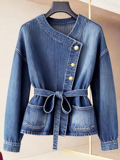 GlowEve Women's Contrast Color Long Sleeve Single-Breasted Casual Denim Jacket