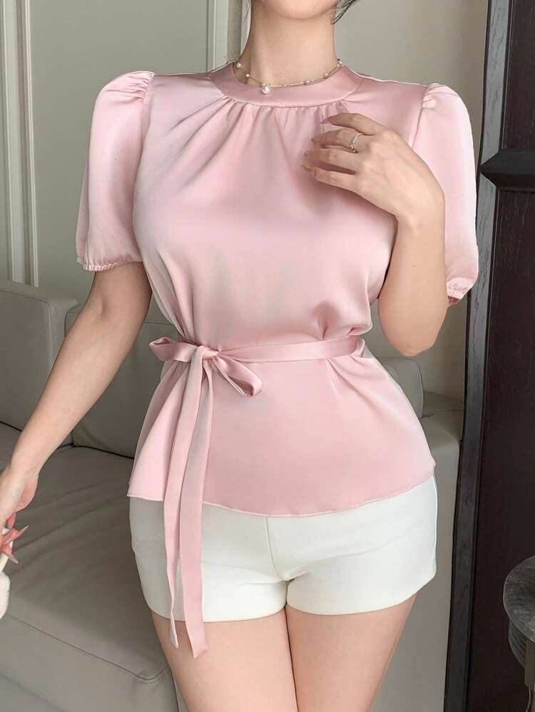 Women's Pink Tie-Up Short Sleeve Shirt