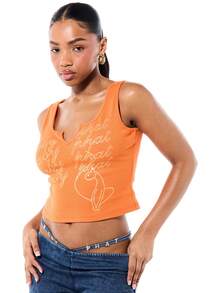 BABYPHAT Ribbed Notch Neck Graphic Tank Top With Cursive Script Print And Heart Design Summer Casual Sleeveless Tank Top - Orange - View 1