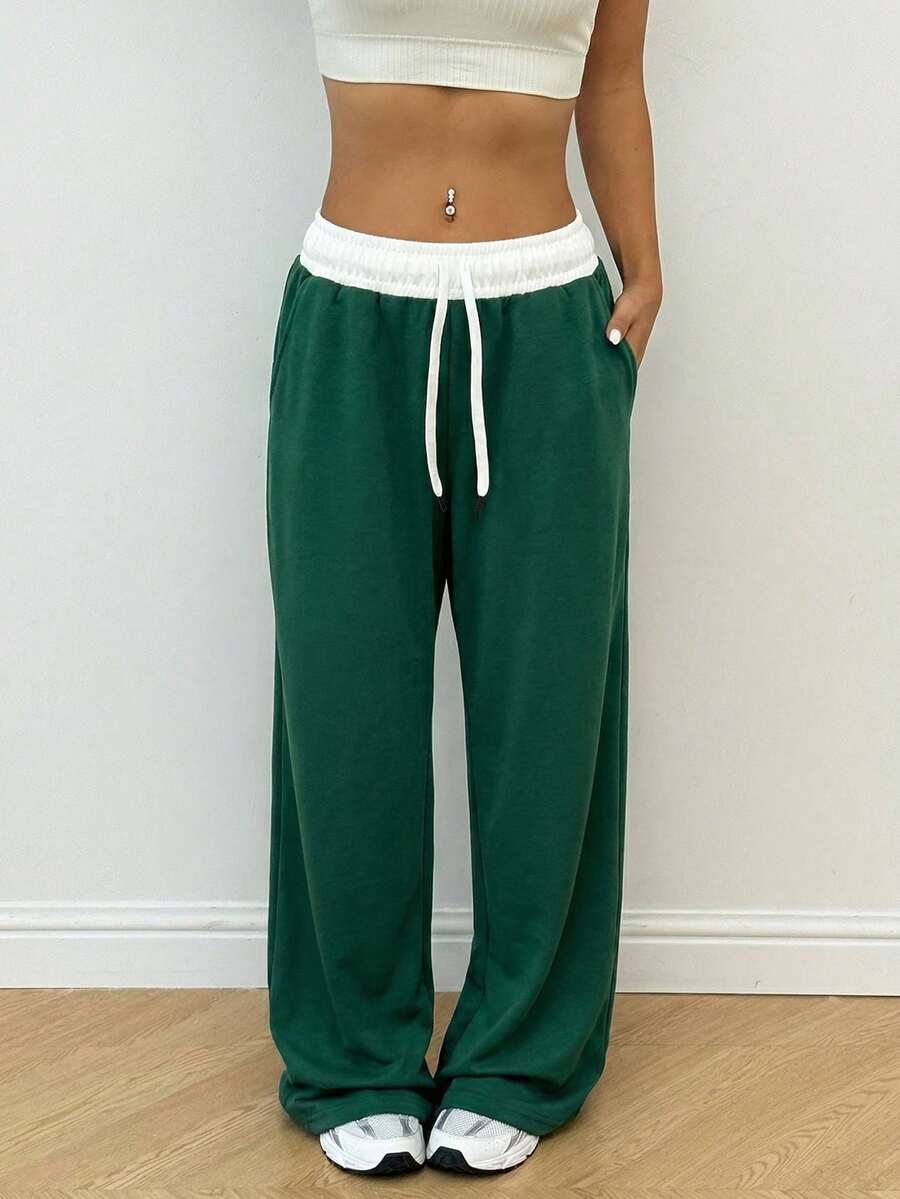 Dewbera Dewbera Loose Fit Contrast Color Drawstring Waist Slant Pocket Wide Leg Yoga Pants - Dark Green - View 1