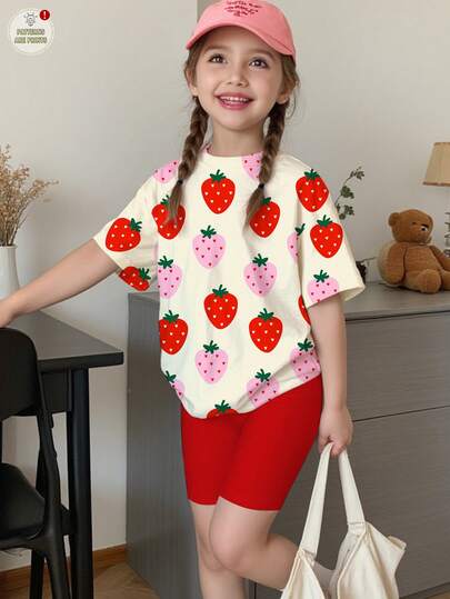 SHEIN 2pcs/Set Young Girl's Casual Sweet Summer Strawberry Print T-Shirt And Skinny Leggings Set, Suitable For Daily Wear, Vacation, Outings, Y2K Style, Cute Kids Fashion