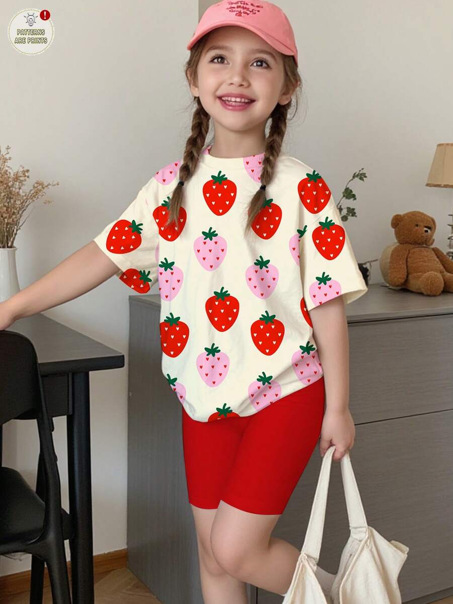 SHEIN 2pcs/Set Young Girl's Casual Sweet Summer Strawberry Print T-Shirt And Skinny Leggings Set,Y2K Style Cute Kids Fashion Fruit Short Sleeve Shirt - Multicolor - View 1