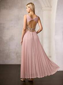 MOTF Soiréza WOMEN'S V-NECK PARTY COCKTAIL BANQUET PLEATED PATCHWORK DRESS, SPRING/SUMMER - Pink - View 3