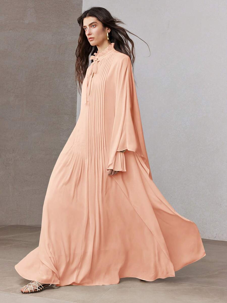 ZEYLAH Gaun Pesta Kasual Wanita Warna Polos dengan Kerah Ikat dan Lipit, Cocok untuk Musim Semi - Coral Pink - View 1