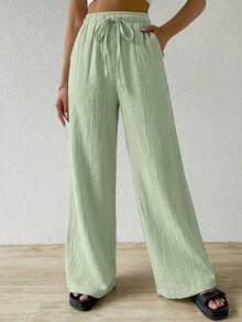 SHEIN EZwear 薄荷绿棉质宽松纹理褶皱抽绳腰裤 - 薄荷綠 - 查看 3