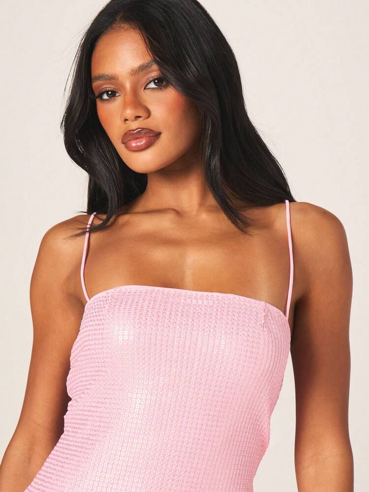 MISSGUIDED Sequined Pink Mini Dress With Spaghetti Straps And Bodycon Silhouette For Party Evening Cocktail Special Occasions Glamorous Sparkly Fitted Short Length
