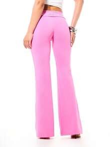 SUMWON WOMEN Women's High Rise Pink Flared Leggings With Diamante Rhinestone Waistband Detail Bell Bottom Stretch Pants For Spring Summer Festival Occasions - Pink - View 2