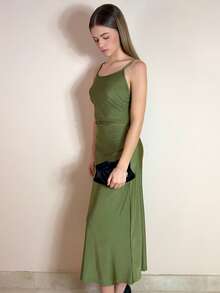 Aless PB 腰部褶饰摆吊带连衣裙 - 軍綠色 - 查看 3
