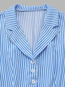 GlowEve Women's Striped Pattern Lapel Design Waist A-Line Dress, Elegant And Charming For Holiday, Commute, Music Festival, Date, French Riviera, Beach, Street Style, Versatile, Spring/Summer, Light Blue Striped New Arrival Puff Sleeve Midi Dress - Blue and White - View 5