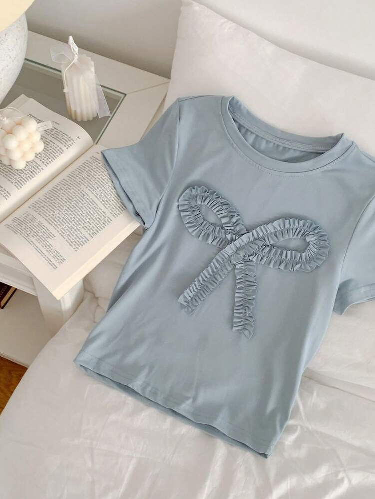 Women's Casual Solid Color Bow Decor T-Shirt, Summer