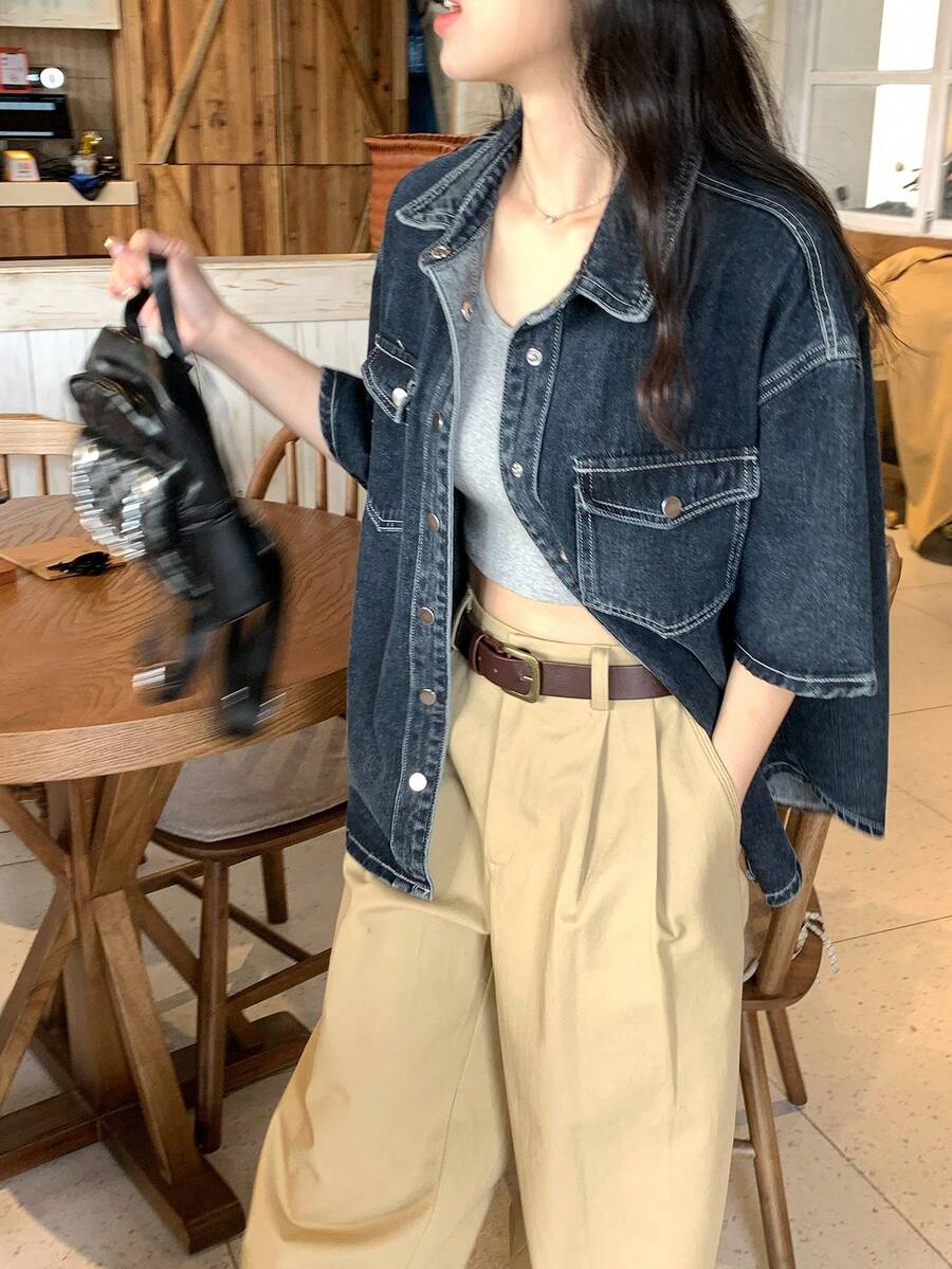 DAZY Women's Turndown Collar Washed Retro Korean Street Denim Blouse - Blue - View 1