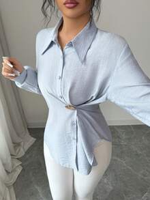 Modelyn Áo sơ mi dài tay nữ màu trơn, cài cúc phía trước, xếp ly, kiểu dáng thường ngày. - Màu xanh lam - Xem 6