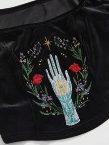 ROMWE Goth 哥特式暗黑风格刺绣天鹅绒女式上衣，图案包括星星、月亮、花卉、植物和眼睛。 - 黑色 - 查看 3