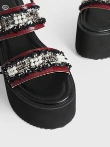 Sugerpunk Giày sandal đế xuồng phong cách punk gợi cảm và thanh lịch dành cho nữ, kiểu dáng Gothic với sọc ngọc trai, quai đôi, gót chunky kiểu La Mã, khóa kim loại co giãn ở mắt cá chân, hở mũi, thích hợp cho tiệc tùng, hộp đêm, lễ hội. - Màu Đỏ Sâu - Xem 5