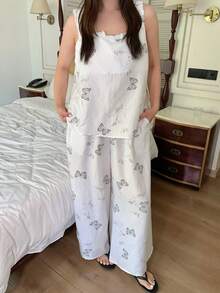 Dazy Plus Conjunto de pijama de top sin mangas con estampado de moño y pantalones de pierna ancha talla grande para mujer, ropa de estar en casa casual para primavera y verano - Blanco - Ver 6