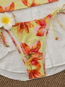 Swim Mod 女士热带花卉印花两件式比基尼套装，挂脖系带，侧系带，沙滩度假比基尼套装 - 彩色 - 查看 5