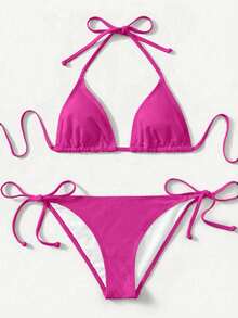 SHEIN Swim 女士性感露背系带开衩比基尼套装，简约纯色，适合海滩度假 - 玫紅色 - 查看 1