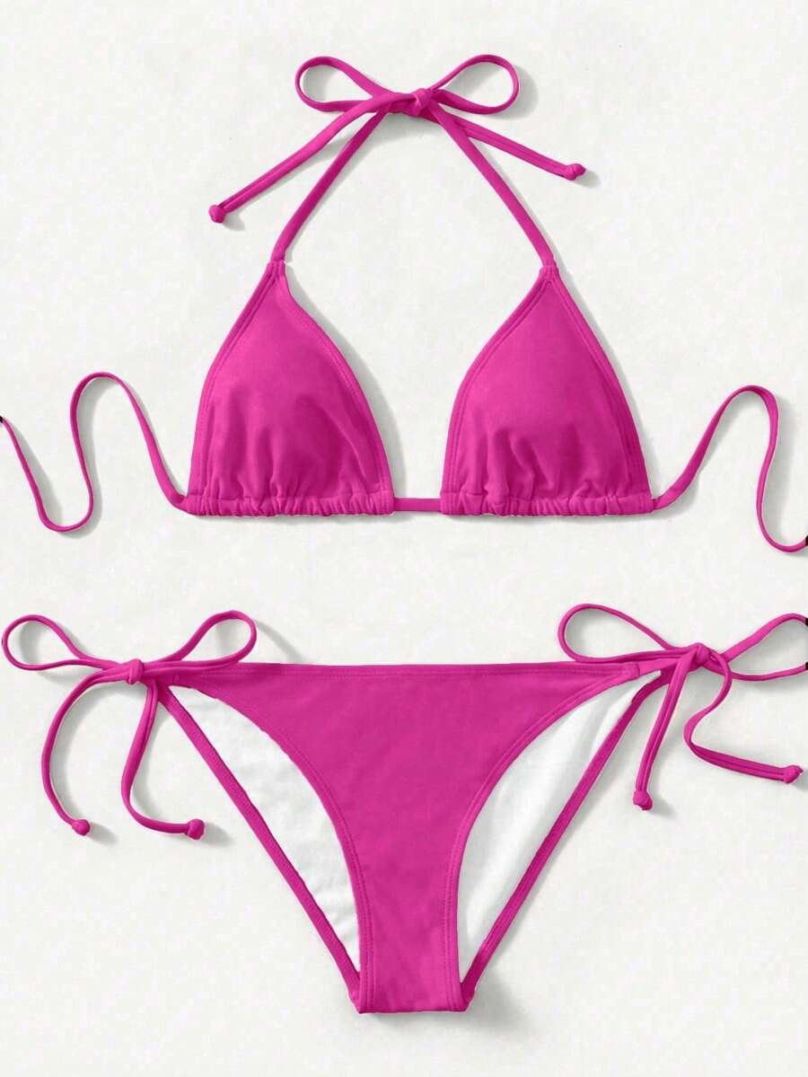 SHEIN Swim 女士性感露背系带开衩比基尼套装，简约纯色，适合海滩度假 - 玫紅色 - 查看 1