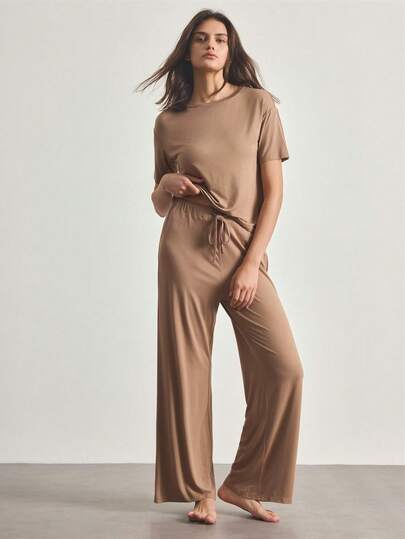 Ocili Conjunto de pijama de algodón suave y sedoso de manga corta y pantalones para mujer