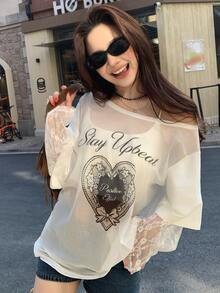 DAZY Women's Oblique Shoulder Korean Style Mesh Long Sleeve Printed Blouse - White - View 7