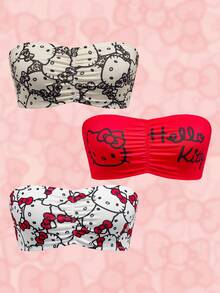 HELLO KITTY AND FRIENDS | SHEIN 女士时尚可爱猫咪印花前褶皱无肩带文胸 - 紅色 - 查看 1