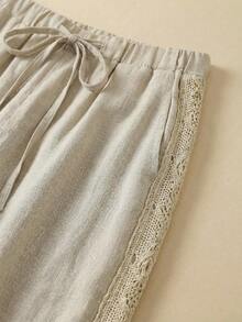 Rusticease Women's Casual Beach Vacation Style Drawstring Waist Contrast Lace Loose Wide Leg Pants - Khaki - View 4