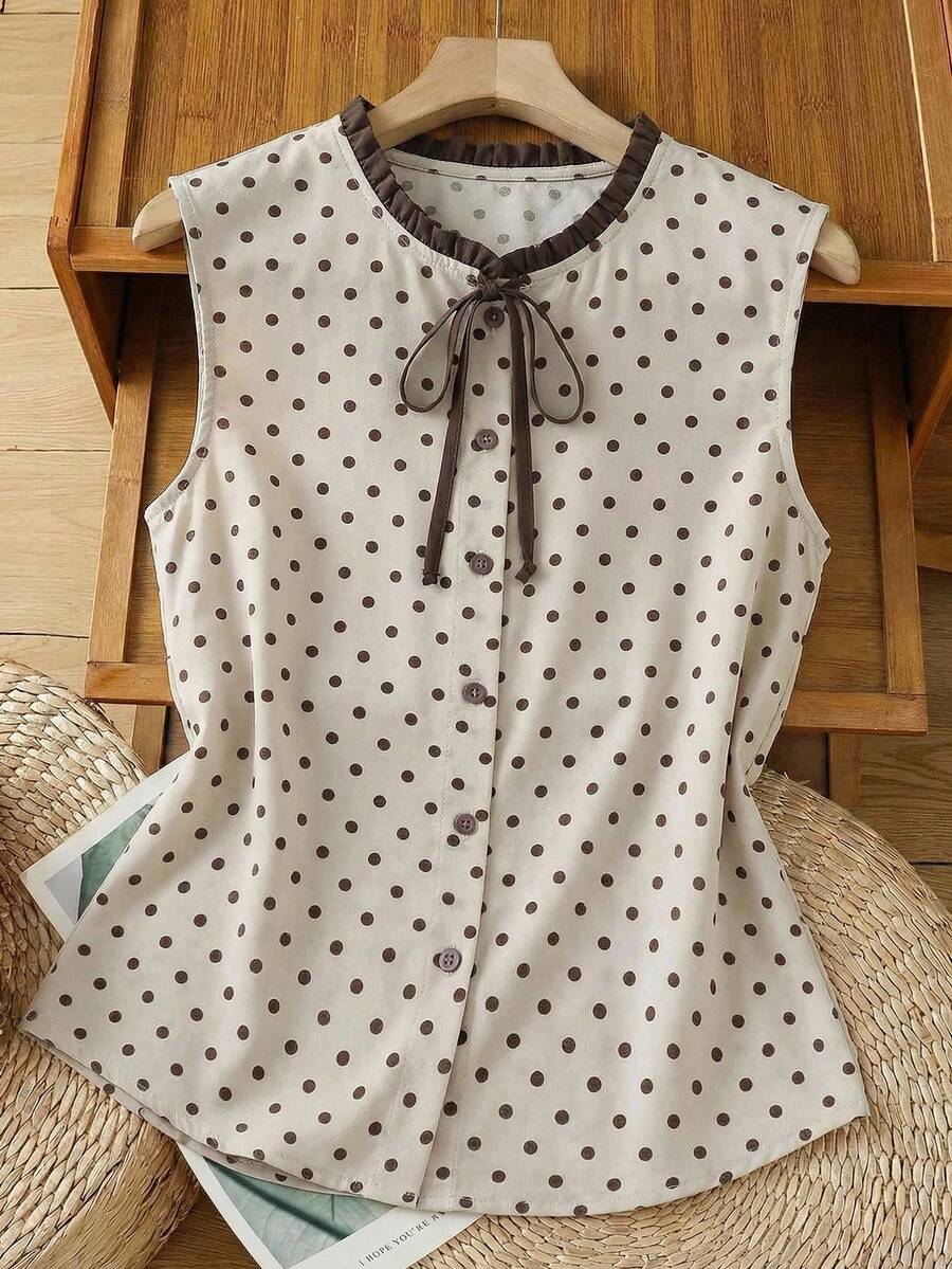 Rusticease Women's Casual Round Neck Short Sleeve Polka Dot Print Shirt, Spring/Summer - Multicolor - View 1