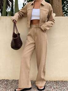 Livesso Women's Fashion Jacket & Straight Leg Jeans Set - Khaki - View 1