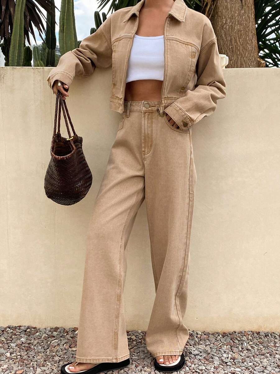 Livesso Women's Fashion Jacket & Straight Leg Jeans Set - Khaki - View 1