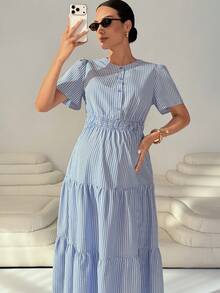 MaterniWear Robe d'été décontractée à rayures et manches courtes pour femme enceinte - Bleu azur - Voir 2