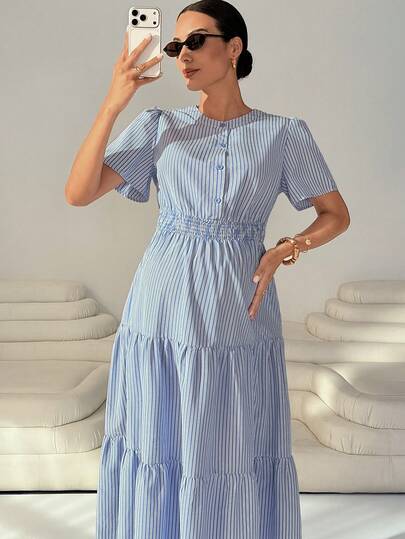 MaterniWear Maternity Casual Striped Short Sleeve Dress For Summer
