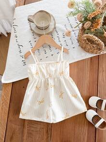 LMoss Kids 一件式可爱女宝宝连体衣：休闲、简约、可爱的条纹连体衣，饰有通体印花和蝴蝶结。适合生日派对、晚宴、演出、婚礼、洗礼、开幕式、日常穿着、上学、郊游以及秋冬季节。女宝宝可爱复古风连衣裙、女宝宝夏季连体衣、女宝宝花卉刺绣连体裤、女宝宝可爱夏季连体衣、女宝宝蝴蝶结连体衣、女宝宝短裤连体衣 - 黃色 - 查看 2