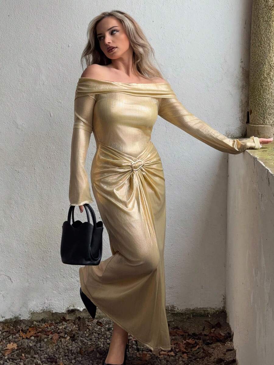 Jeta Ari Autumn/Winter Fashion Birthday Party Evening Banquet Metallic Decor Shiny Off-Shoulder Ruched Waist Slimming Women Dress Gold Evening Gown Gold Elegant Dress Women Long Elegant Dress Champagne Evening Gown Champagne Formal Dress - Champagne - View 1