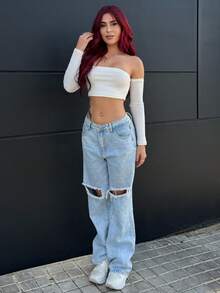 Bearsaez 女式口袋破洞阔腿宽松休闲百搭牛仔裤 - 藍色 - 查看 1