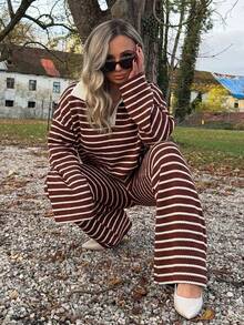 Jeta Ari Women's 2pcs Set Loose Striped V-Neck Drop Shoulder Long Sleeve T-Shirt &Elastic Waist Striped Pants, Winter Sweater Suit ,Autumn/Winter Christmas Red New Year 2 Pieces Lounge Sets Woman Two Pieces Set Women Comfy Lounge Wear Striped Set, Christmas Pajamas Family,Fall,Fall Clothes For Women Casual Spring Valentine's Day - Red - View 5