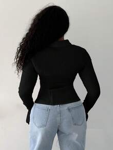 Alexandranx White Striped Open Front Button Down Collar Long Sleeve Ruffle Cuff Fitted Shirt, Fashion Minimalist Commuter Casual Elegant Versatile Spring/Summer Fall Cloth For Women - Black - View 2