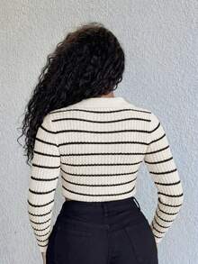 Alexandranx Women's Striped Turtleneck Long Sleeve Fitted Sweater, Autumn/Winter - Beige - View 2