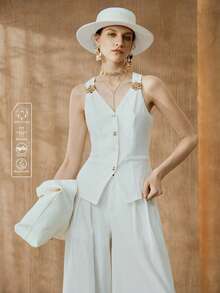 Arave 女士夏季金属扣开衩下摆衬衫，白色职业套装，时尚通勤装，简约都市风，V领，优雅轻盈上衣，不对称金属扣，修身西装上衣，休闲宽松褶裥阔腿裤，波西米亚风，适合度假、节日、商务休闲、海滩度假等场合的亚麻套装 - 白色 - 查看 7