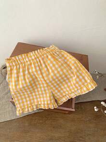 LMoss Kids Babygirl Cute Plaid Elastic Waist Shorts, Summer - Yellow - View 7