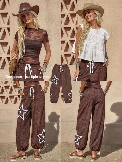 Wildy Pantalon de base décontracté BOHO, style américain occidental vintage, brodé, délavé, pour femmes, convient pour les déplacements au printemps/été