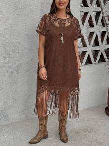 SHEIN LUNE Gaun Renda Rumbai Kasual Ukuran Besar - Coffee Brown - View 8