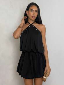 Glamine Black Backless Halter Elegant Sexy Dress - Black - View 3