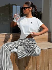 Muchica Grey Knit Women's Homewear T-Shirt & Pants Set Summer Top Preppy Top Preppy Tops Aesthetic Tops - Multicolor - View 5